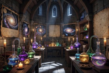A fantasy cartoon drawing of intricate flasks and cosmic maps inside a wizard tower chamber