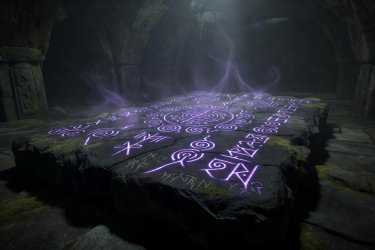 A cartoon visual of fluorescent purple runes glowing brightly in an ancient ritual stone slab