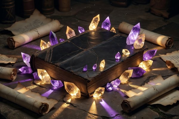 A colorful cartoon depiction of a dark leather magic book surrounded by glowing amethyst, runic spells and golden crystal fragments