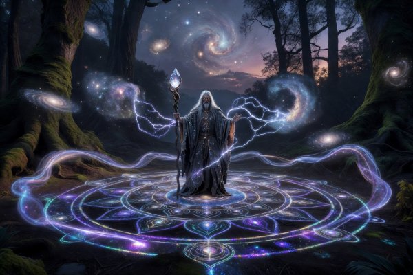 A cartoon style glowing visual illustration of a mystical shaman ritual circle shining with cosmic wizardry spell lights