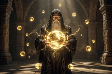 A magical cartoon character wizard holding a glowing gold magical energy sphere inside his hand